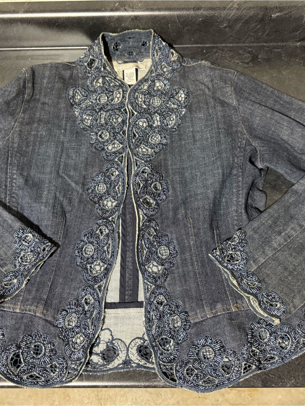 Chicos Platinum Embellished Denim Jacket Beaded Floral Cut Out Size 1 Embroidery